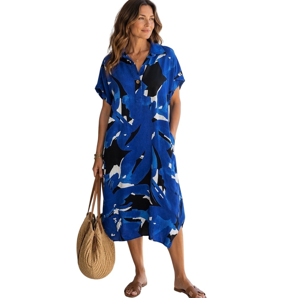 Whistles Blue Black Abstract Bloom Linen Midi Dress Lagenlook Coastal US 8